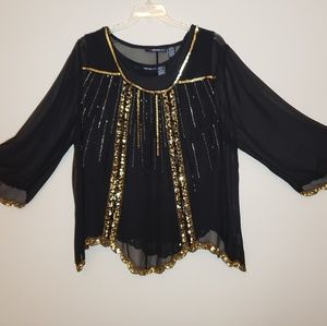 Black blouse/tunic with gold sequin trim, plus